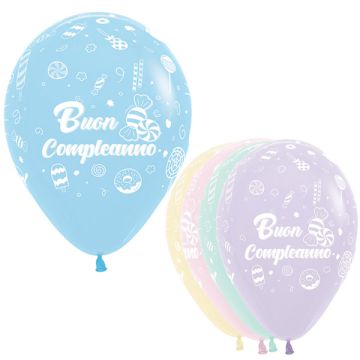 Palloncino Buon Compleanno (12") Pz.50 Colore Pastel Matte Assortito Stampa Bianca  Cm.30