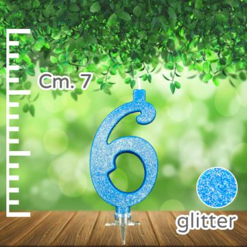 CANDELINA NUMERO 6 AZZURRA GLITTER PZ.1