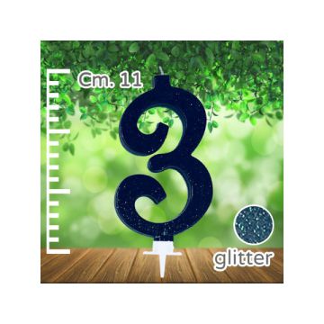 CANDELINA NUMERO 3 NERA GLITTER PZ.1
